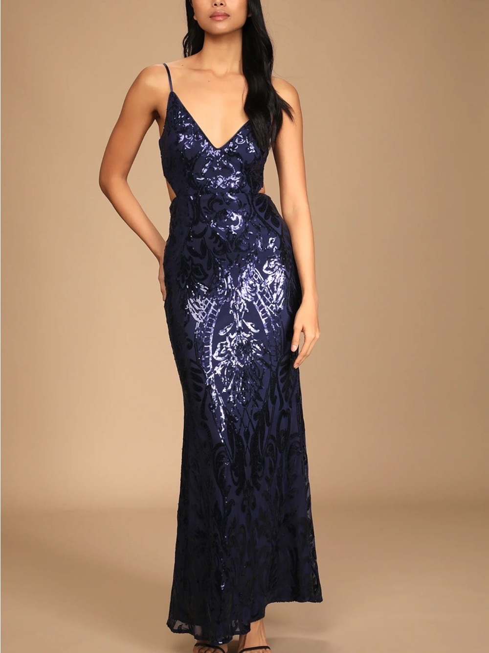 Lulu’s Glowing Moment Navy Blue Sequin Cutout Mermaid Maxi Dress